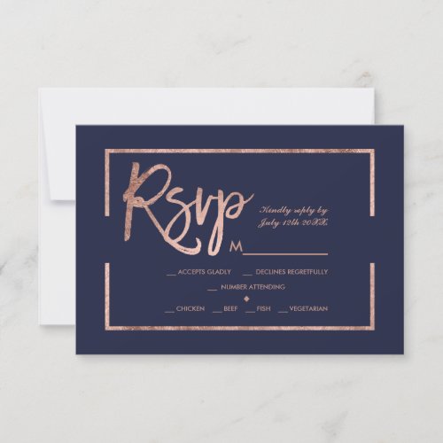 Rose gold frame script navy blue rsvp wedding