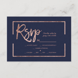 Rose gold frame script navy blue rsvp wedding card