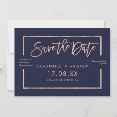 Rose gold frame script navy blue save the date