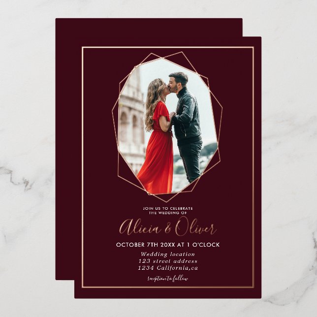 Rose gold frame terrarium burgundy photo wedding foil invitation (Front/Back)
