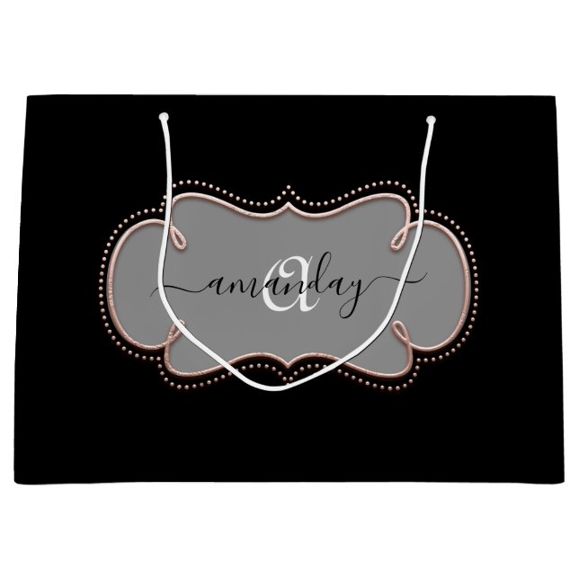Rose Gold Framed Royal Monogram Name Black Large Gift Bag (Front)
