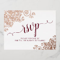 Rose Gold Frills & Burgundy on White Wedding RSVP