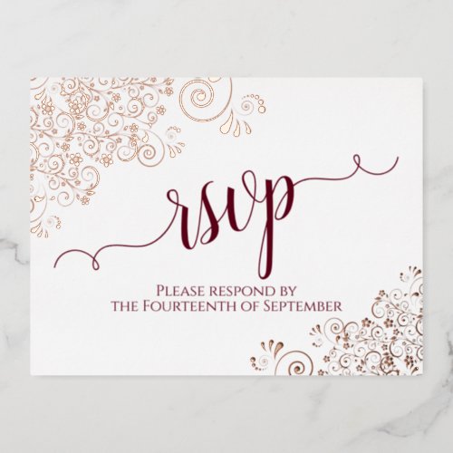 Rose Gold Frills  Burgundy on White Wedding RSVP Foil Invitation Postcard