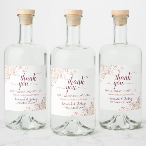 Rose Gold Frills  Burgundy Wedding Thank You Liquor Bottle Label