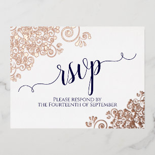 Rose Gold Frills & Navy on White Wedding RSVP Foil Invitation Postcard