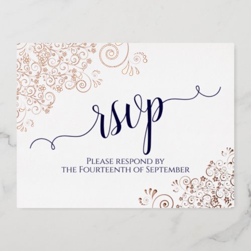 Rose Gold Frills  Navy on White Wedding RSVP Foil Invitation Postcard
