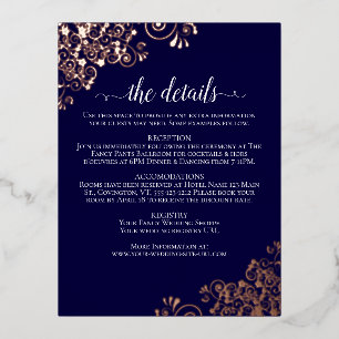 Rose Gold Frills on Navy Elegant Wedding Details Foil Invitation Postcard