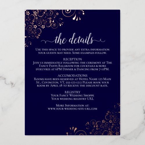 Rose Gold Frills on Navy Elegant Wedding Details Foil Invitation Postcard