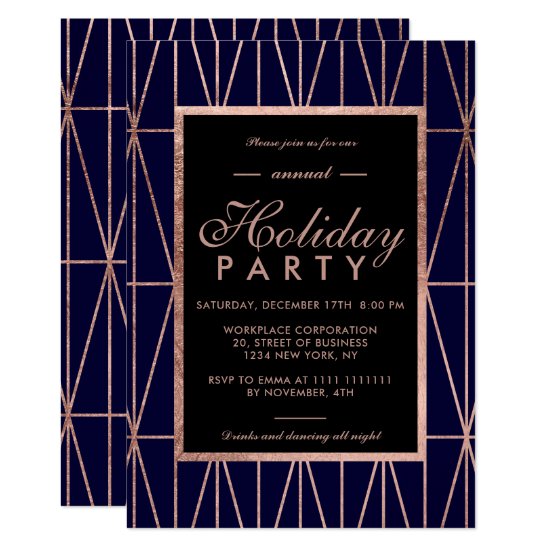 Rose gold geo navy blue winter corporate holiday invitation