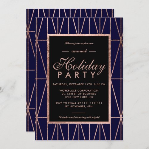 Rose gold geo navy blue winter corporate holiday invitation