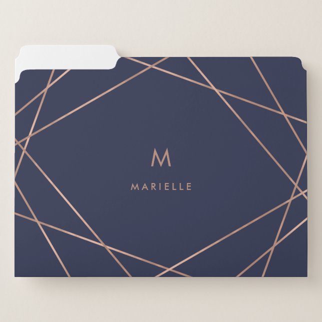 Rose Gold Geometric and Midnight Blue | Monogram File Folder (Front Left)