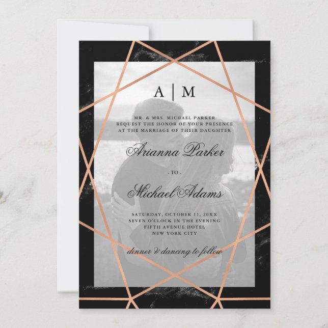 Rose Gold Geometric | Black Marble | Photo Wedding Invitation (Front)
