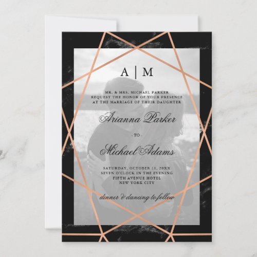 Rose Gold Geometric  Black Marble  Photo Wedding Invitation
