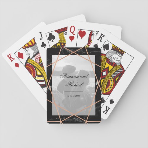 Rose Gold Geometric Black Marble  Photo Wedding Playing Cards