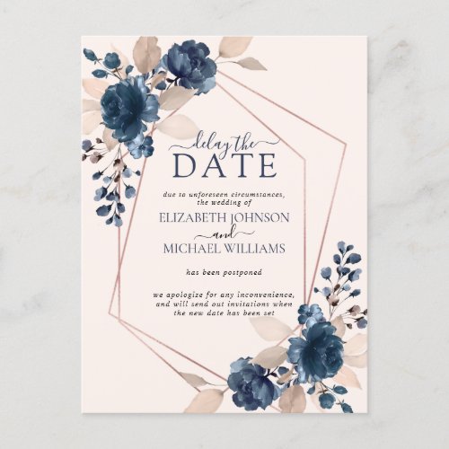 Rose Gold Geometric Blush Pink Navy Delay The Date Announcement Postcard