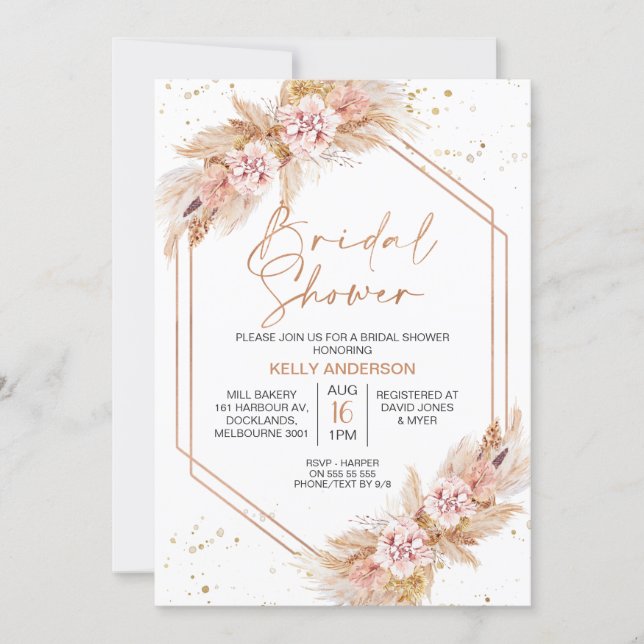 Rose Gold Geometric Boho  Pampas Bridal Shower Invitation (Front)