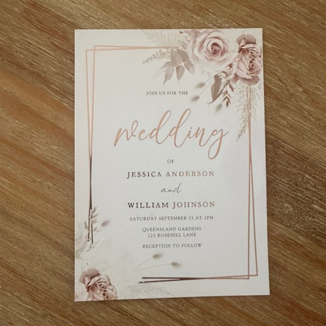 Rose Gold Geometric Border Blush Floral Wedding Foil Invitation (Creator Uploaded)