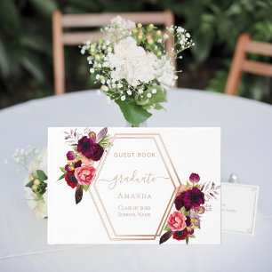 Rose gold geometric burgundy florals Graduation Foil Guest Book