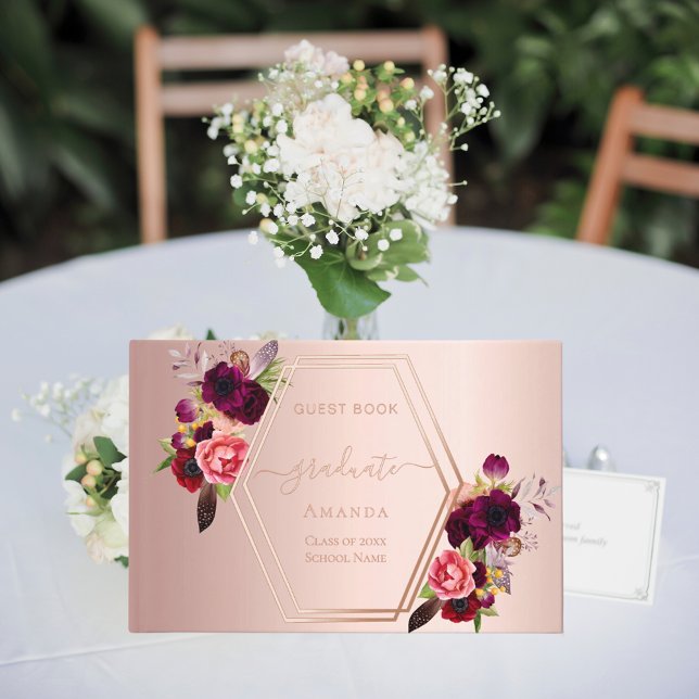 Rose gold geometric burgundy florals Graduation Foil Guest Book (Creator Uploaded)