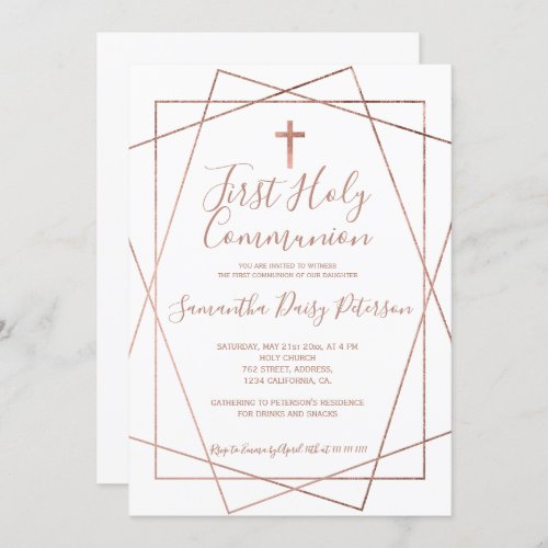 Rose gold geometric chic script first communion invitation