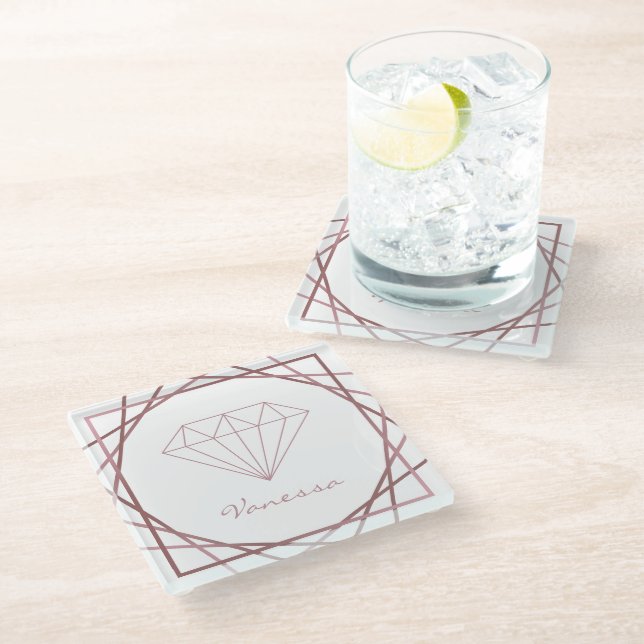 Rose Gold Geometric Diamond Glass Coaster (Angled)