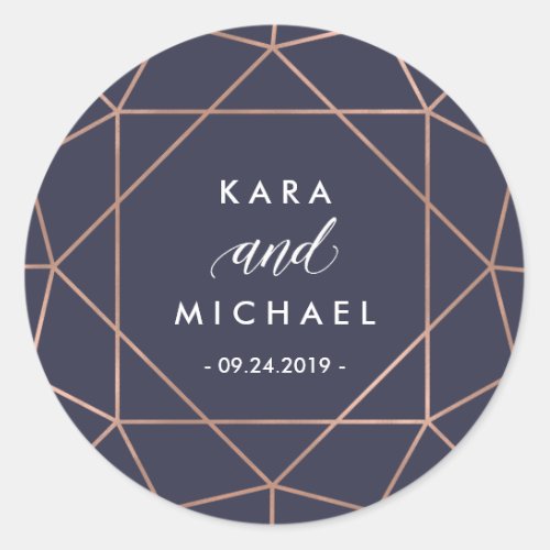 Rose Gold Geometric Diamond  Midnight Blue Classic Round Sticker