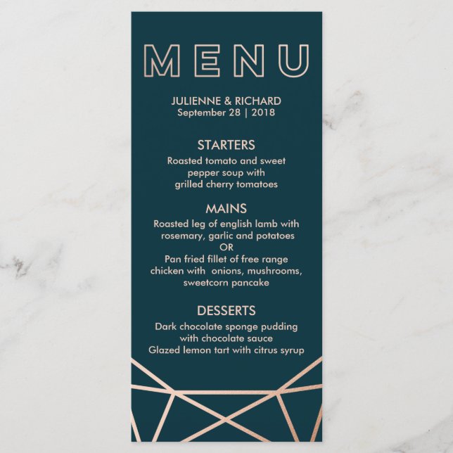 Rose Gold Geometric Diamond Wedding Menu (Front)