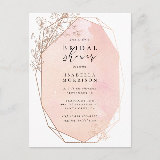 Rose Gold Geometric Floral Bridal Shower Invitation Postcard (Front)