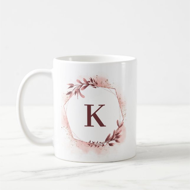 Rose Gold Geometric Floral Personalized Monogram Coffee Mug (Left)