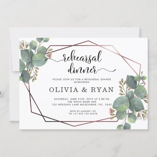 Rose gold geometric frame eucalyptus invitation