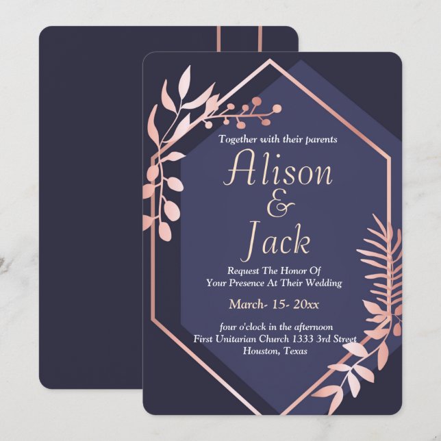 Rose gold geometric frame  navy blue wedding invitation (Front/Back)