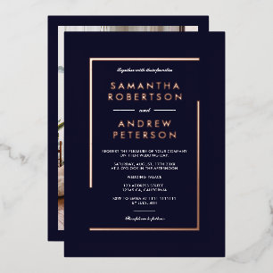 Rose gold geometric frame photo wedding navy foil invitation