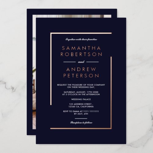 Rose gold geometric frame photo wedding navy foil invitation