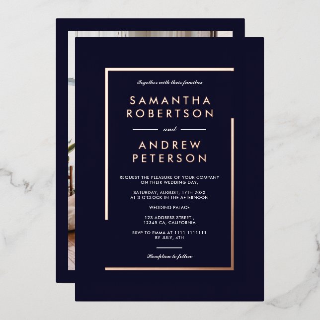 Rose gold geometric frame photo wedding navy foil invitation (Front/Back)