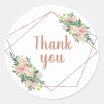 Rose Gold Geometric Frames And Flowers Thank You Classic Round Sticker by amoredesign at Zazzle