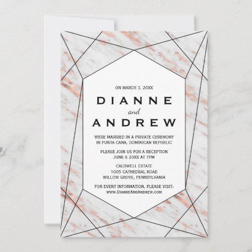 Rose Gold Geometric Marble Elopement Reception Invitation