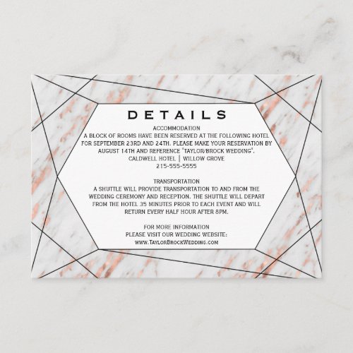 Rose Gold Geometric Marble Wedding Details Card