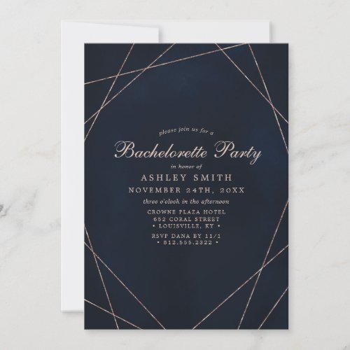 Rose Gold Geometric Midnight Blue Bachelorette Invitation