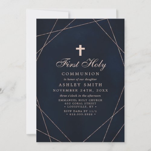 Rose Gold Geometric Midnight Blue First Communion Invitation