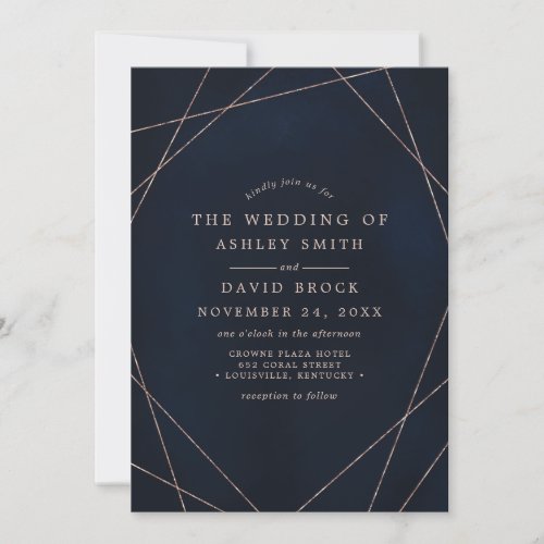 Wedding Invitations 9 Rose Gold Geometric Midnight Blue Wedding Invitation