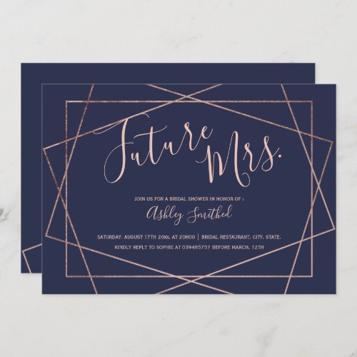 Rose gold  geometric navy blue Mrs bridal shower Invitation