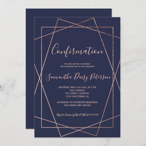 Rose gold geometric navy blue script confirmation invitation