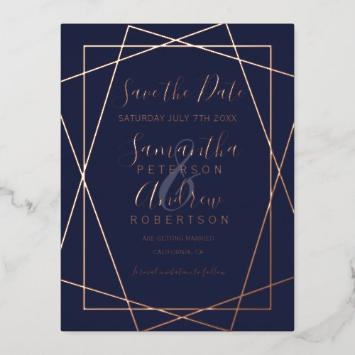 Rose gold geometric navy blue script save the date foil invitation postcard