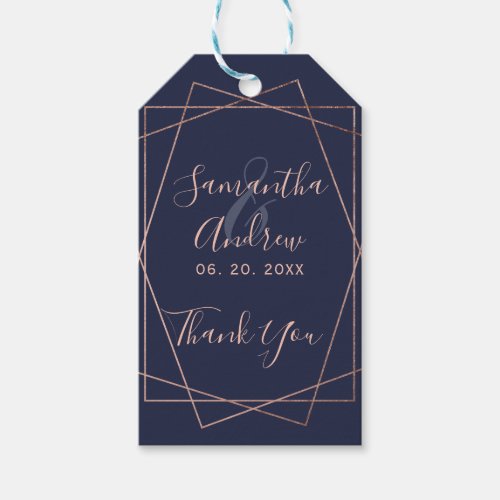 Rose gold geometric navy blue script wedding favor gift tags