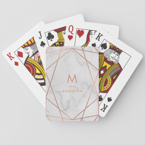 Rose Gold Geometric on Marble Look  Monogram Poker Cards