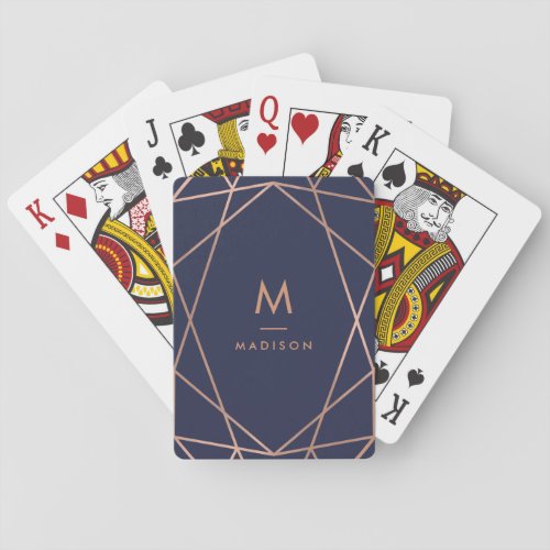 Rose Gold Geometric on Midnight Blue  Monogram Poker Cards