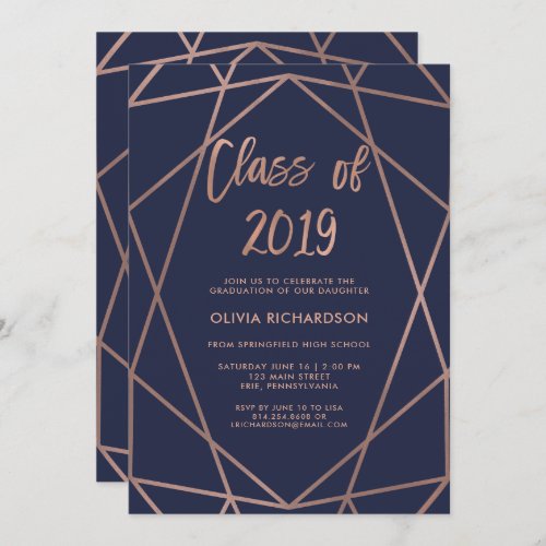 Rose Gold Geometric on Navy Blue Graduation Party Invitation