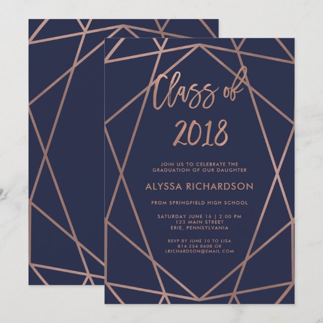 Rose Gold Geometric on Navy Blue Graduation Party Invitation (Front/Back)