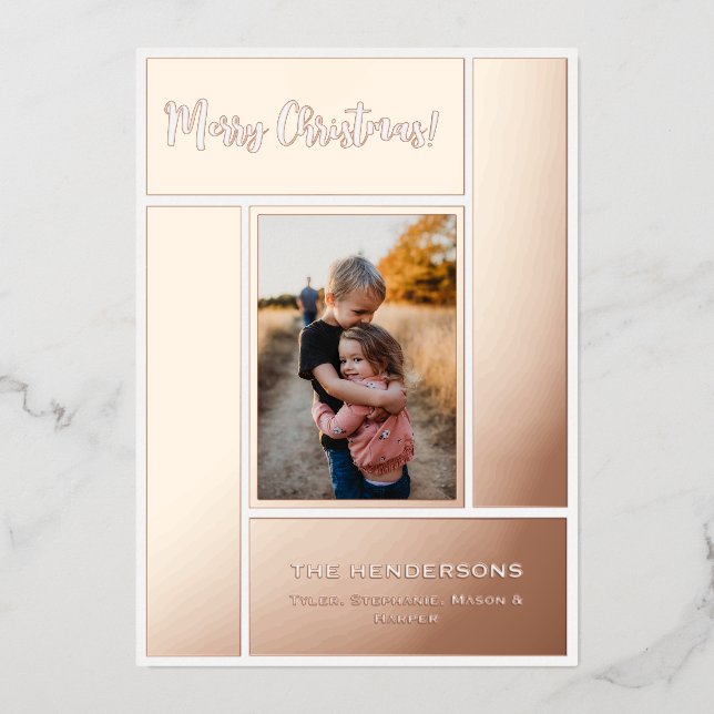 Rose Gold Geometric Photo Frame Foil Holiday Card (Front)