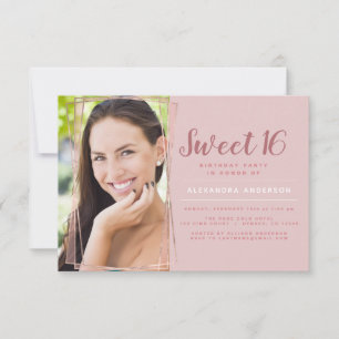 Rose Gold Geometric Photo Sweet 16 Birthday Invitation